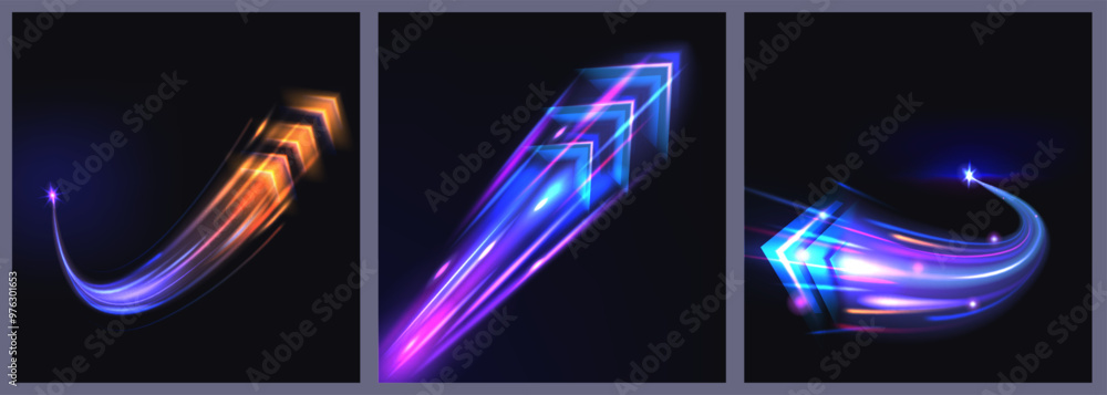 Poster Speed effect. Abstract motion light, digital technology of fast move or energy movement, bright dynamic flare. Blurred automobile direction. Arrow navigation icons. Vector design set