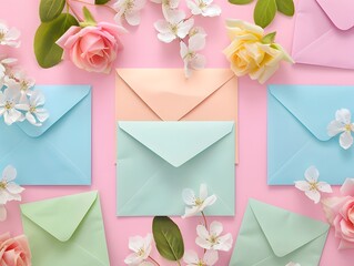 An aerial view of a spring themed mockup with wedding invitation cards colorful envelopes flowers and leaves arranged on a white backdrop featuring a top view invitation with ample copy space image