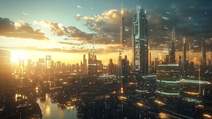 Fototapeta premium A futuristic cityscape with glowing buildings at sunset.