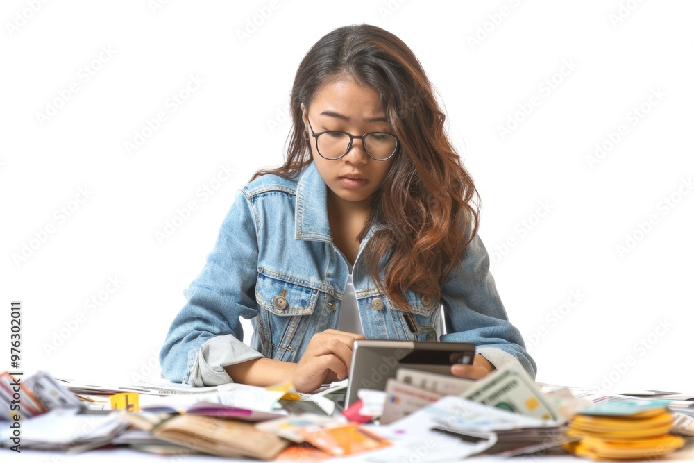 Poster a person sits at a table using a tablet computer, possibly working or browsing