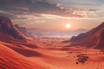 Naklejka premium A vast desert landscape with a stunning sunset in the background, perfect for travel or adventure-themed projects