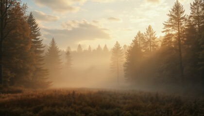 Fototapeta premium forest in the autumn season, beautiful nature, rainy weather, cloudy
