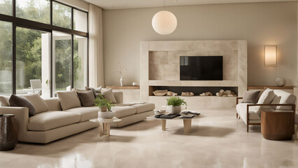 Fototapeta premium A contemporary home interior with a stylish sectional sofa and minimalist decor. Ideal for interior design inspiration.
