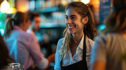 A woman in an apron smiles warmly at a bar, ready to serve