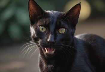 A sleek, black cat with striking yellow eyes is standing on a stone ledge