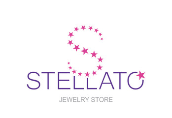 jewelry store logo, text, starts, letter on the white background, red on blue. vector illustration in flat style.