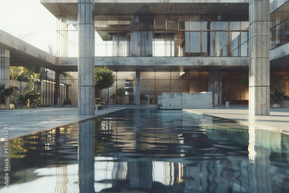 Aufkleber a building with a pool located in front, suitable for advertising or editorial use