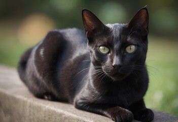 A sleek, black cat with striking yellow eyes is standing on a stone ledge