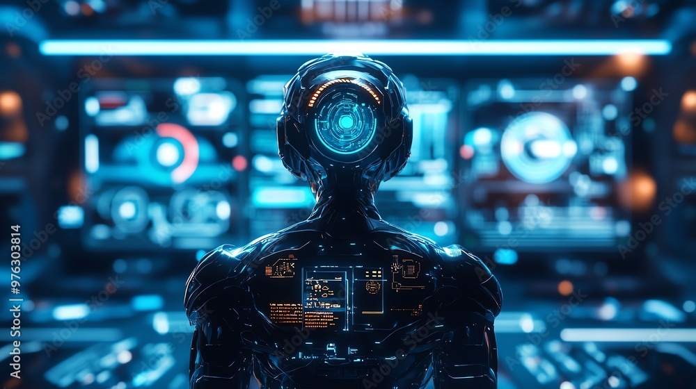 Poster a futuristic robot stands in front of a wall of computer screens.