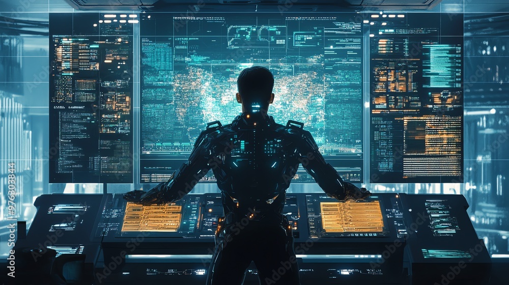Poster a futuristic cyborg controls a computer system.