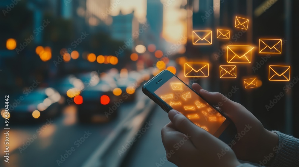 Poster close-up of a smartphone displaying email notifications, set against a bustling city backdrop, symbo