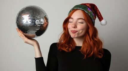 Naklejka premium Young woman celebrates holiday season with disco ball and festive hat
