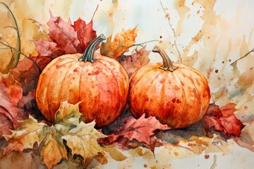 This beautiful watercolor painting depicts lovely pumpkins nestled among an array of vibrant, colorful autumn leaves