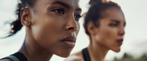 Two athletic women exercising together outside, close up