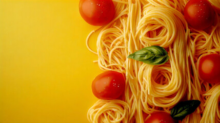 Spaghetti with tomatoes and basil leaves on a yellow background. Top view. National Spaghetti Day. Horizontal banner. Free space for text. Italian food. Healthy food, tasty food
