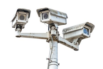 A pair of security cameras installed on a metal pole, great for urban or industrial settings