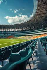 A crowded stadium with many green chairs, ideal for sports events or concerts