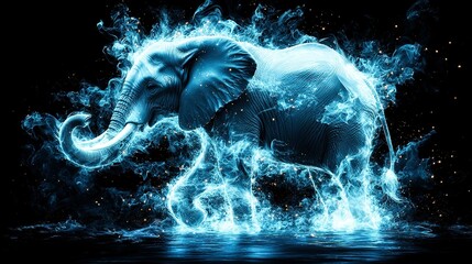   An elephant surrounded by fire with its trunk raised in water