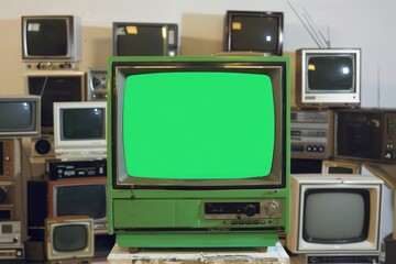 A vintage TV sits atop a stack of outdated models, with a hint of nostalgia and technology's evolution