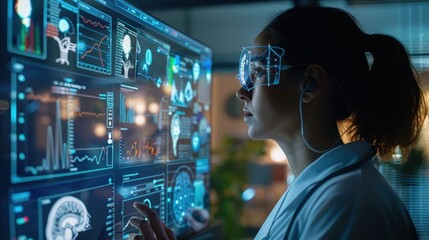 A telemedicine platform interface showing various health metrics and patient data, with a medical professional interacting with the data