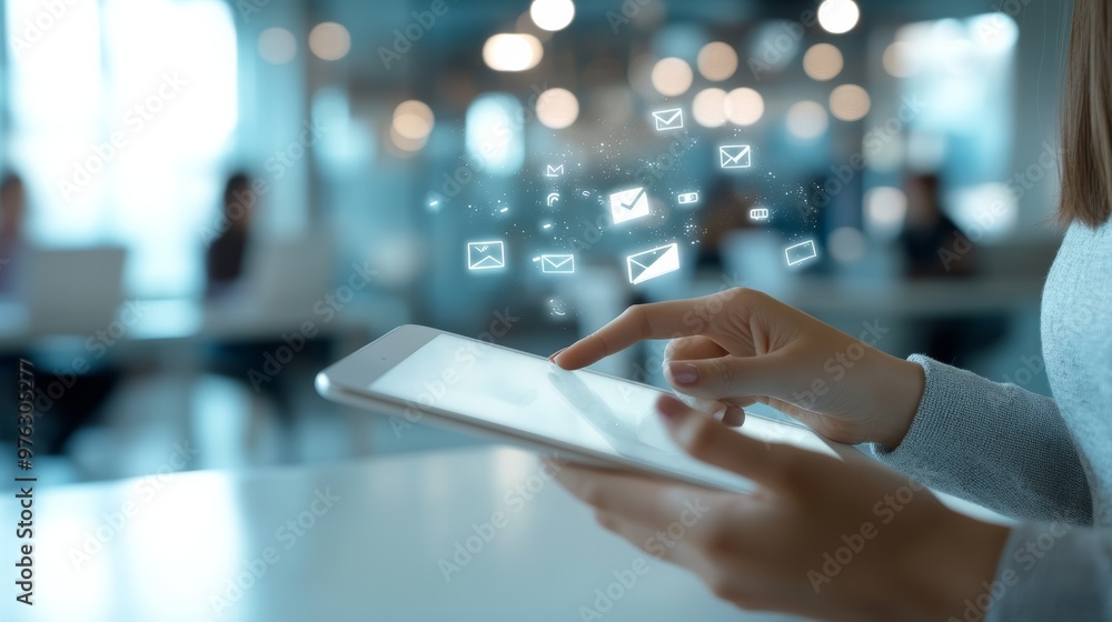 Poster Tablet user checking email and messages with floating social icons. Digital communication and notifications.
