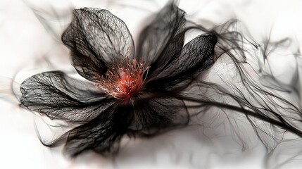   A close-up of a black flower with red stamen on a white background