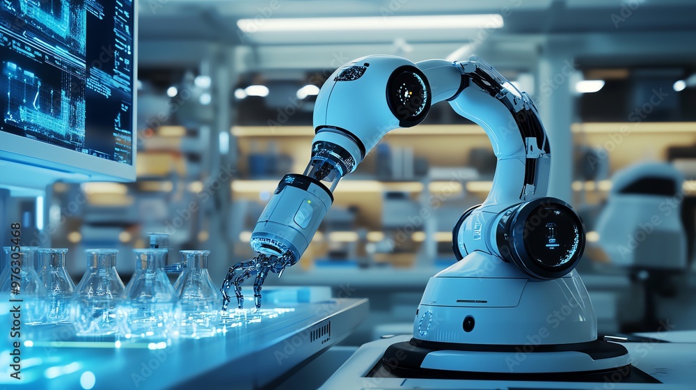 Poster a robotic arm in a lab setting, working with beakers.
