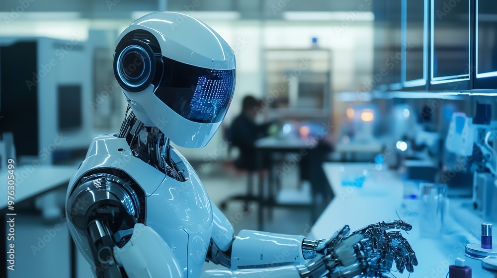 Poster a futuristic robot working in a laboratory setting.