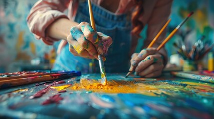A person engaged in a relaxing art therapy session, creating artwork in a bright, creative space