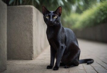 A sleek, black cat with striking yellow eyes is standing on a stone ledge