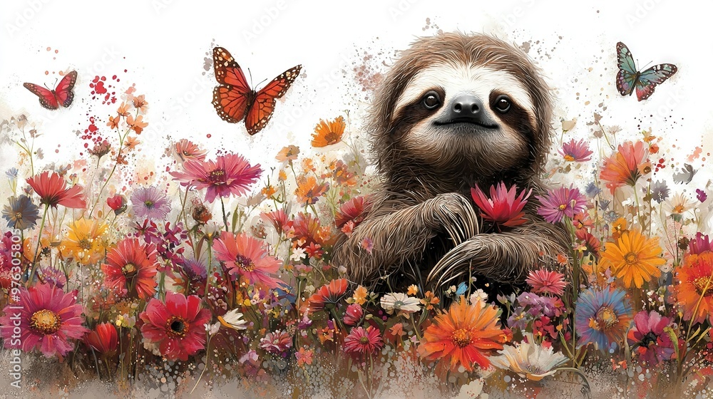 Wall mural slotty bear in flower field with butterfly