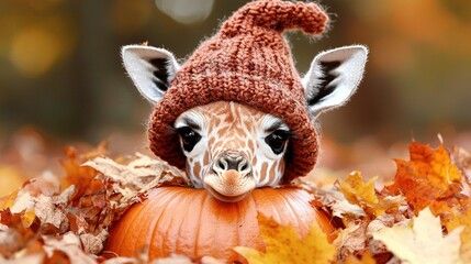 Naklejka premium A giraffe wearing a knitted hat sits in a pile of leaves