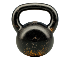 Black kettlebell with scratches isolated on a transparent background