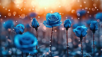   A lush green field dotted with blue rose petals and droplets of water