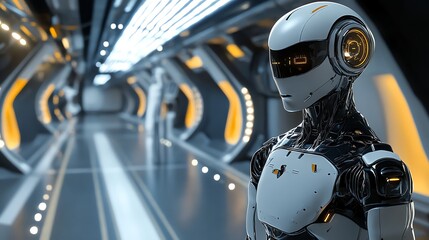 Fototapeta premium A futuristic robot stands in a sleek, modern corridor.
