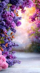   Close-up of road with flowers & sun shining through trees in background