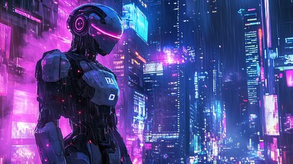 A futuristic robot stands in a neon-lit cyberpunk city in the rain.