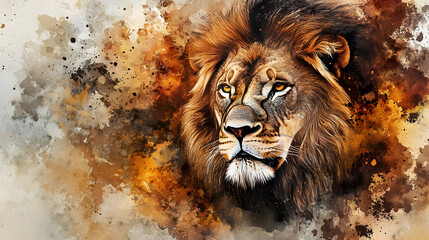 Expressive watercolor portrait of a majestic lion with flowing mane, set against a backdrop of abstract, earthy tones and dynamic brushstrokes that emphasize the lionâ€™s regal presence