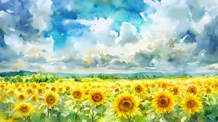 Dreamy watercolor painting of a field of sunflowers stretching towards a bright, cloudy sky, with rich yellows and greens blending seamlessly to capture the sun-drenched warmth