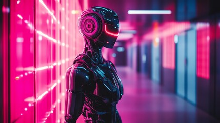 Naklejka premium A futuristic female robot stands in a neon lit hallway, gazing ahead.