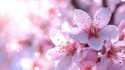   A close-up photo of a pink bloom with water droplets on its petals and an out-of-focus background