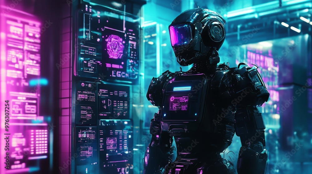 Poster a futuristic robot stands in front of a glowing screen.