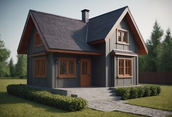 A charming and visually appealing model of a beautiful yellow family house featuring a blue roof