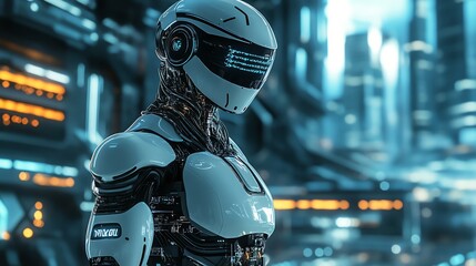 Fototapeta premium Futuristic robot with white armor stands in a blue, glowing, futuristic city.
