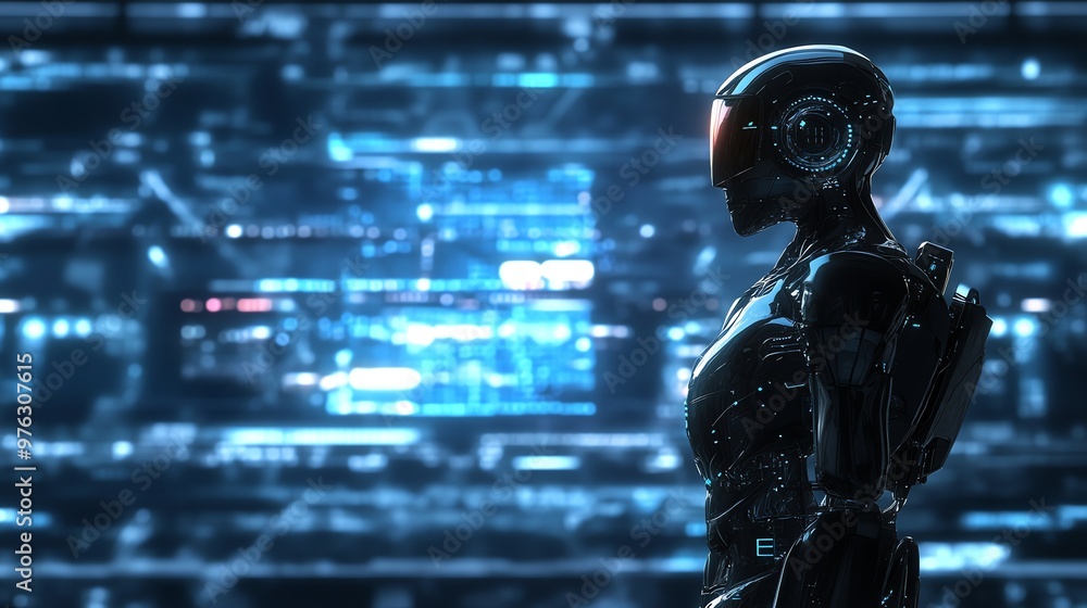 Poster a futuristic robot stands in front of a digital screen, a scene depicting artificial intelligence in