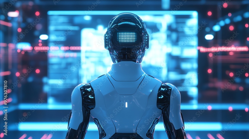 Poster a futuristic white robot stands in a dark room facing a large screen displaying blue and red digital
