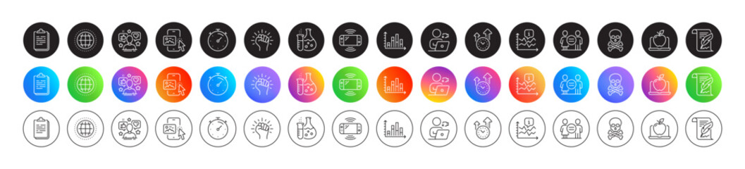 Video conference, Phone image and Timer line icons. Round icon gradient buttons. Pack of Empower, Globe, Chart icon. Clipboard, Diagram graph, Time management pictogram. Vector