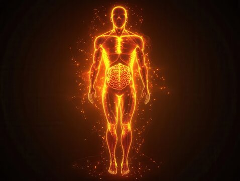 Abstract thermal map of the human body, heat zones glowing red and orange, visualizing internal body temperature