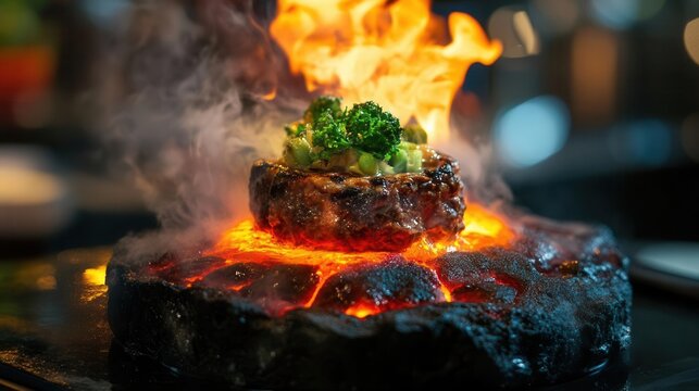 Experimental cuisine where food is placed directly on molten lava, intense glow lighting the dish, concept of fusion cooking