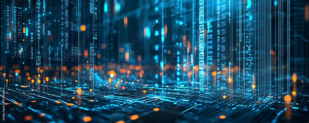 Poster a stock market graph with glowing data points and digital charts, set against an abstract background